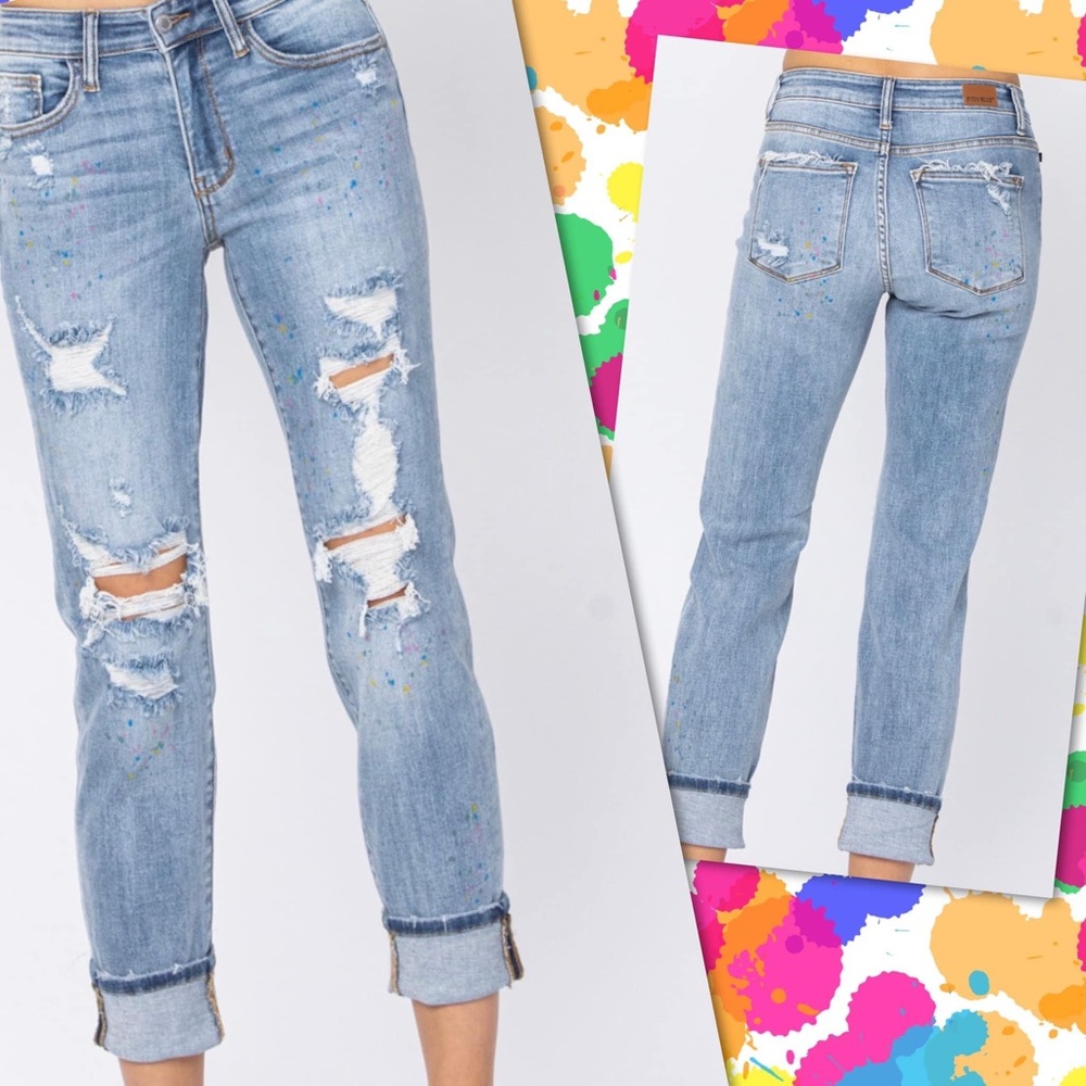 Judy Blue Rainbow Paint Splash Destroyed Mid-Rise Boyfriend Fit